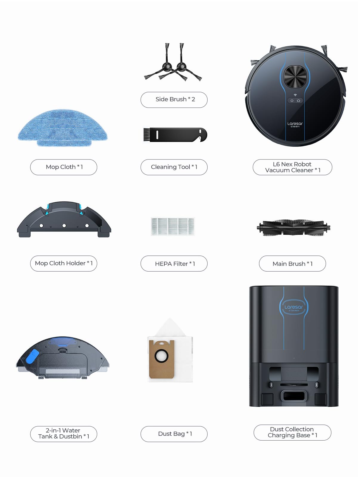 Laresar Clean Self-Emptying Robot Vacuum Cleaner with Mop 10,000Pa, LiDAR Navigation, 180 Mins Runtime, Up to 60 Days of Hands-Free Cleaning Robotic Vacuums for Pet Hair, Carpet, All Floors, L6 Nex