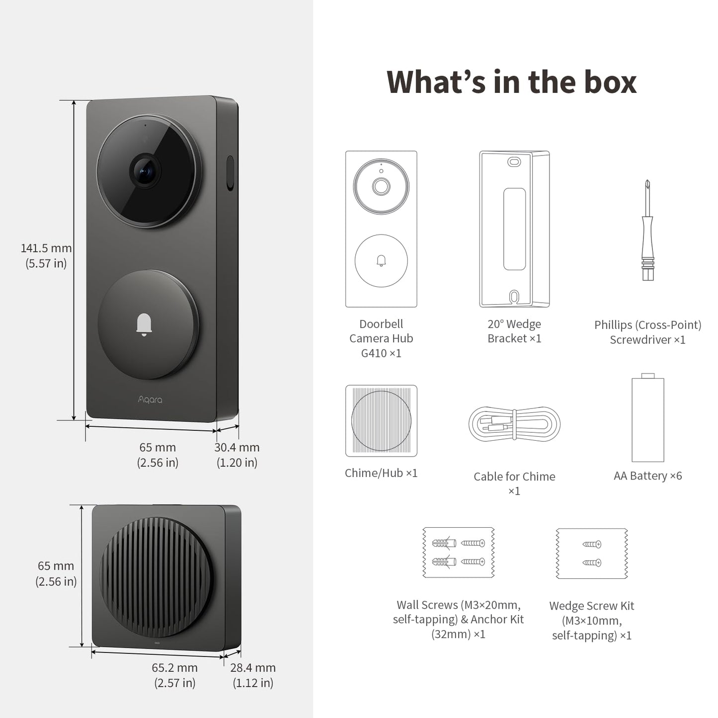 Aqara Smart Doorbell Camera G410 with Chime, 2K, HomeKit Secure Video, 2-Way Audio, Built-in Matter Hub, Wireless/Wired, Supports Apple Home, Alexa, Google, Home Assistant, 2.4G/5GHz Wi-Fi, Grey