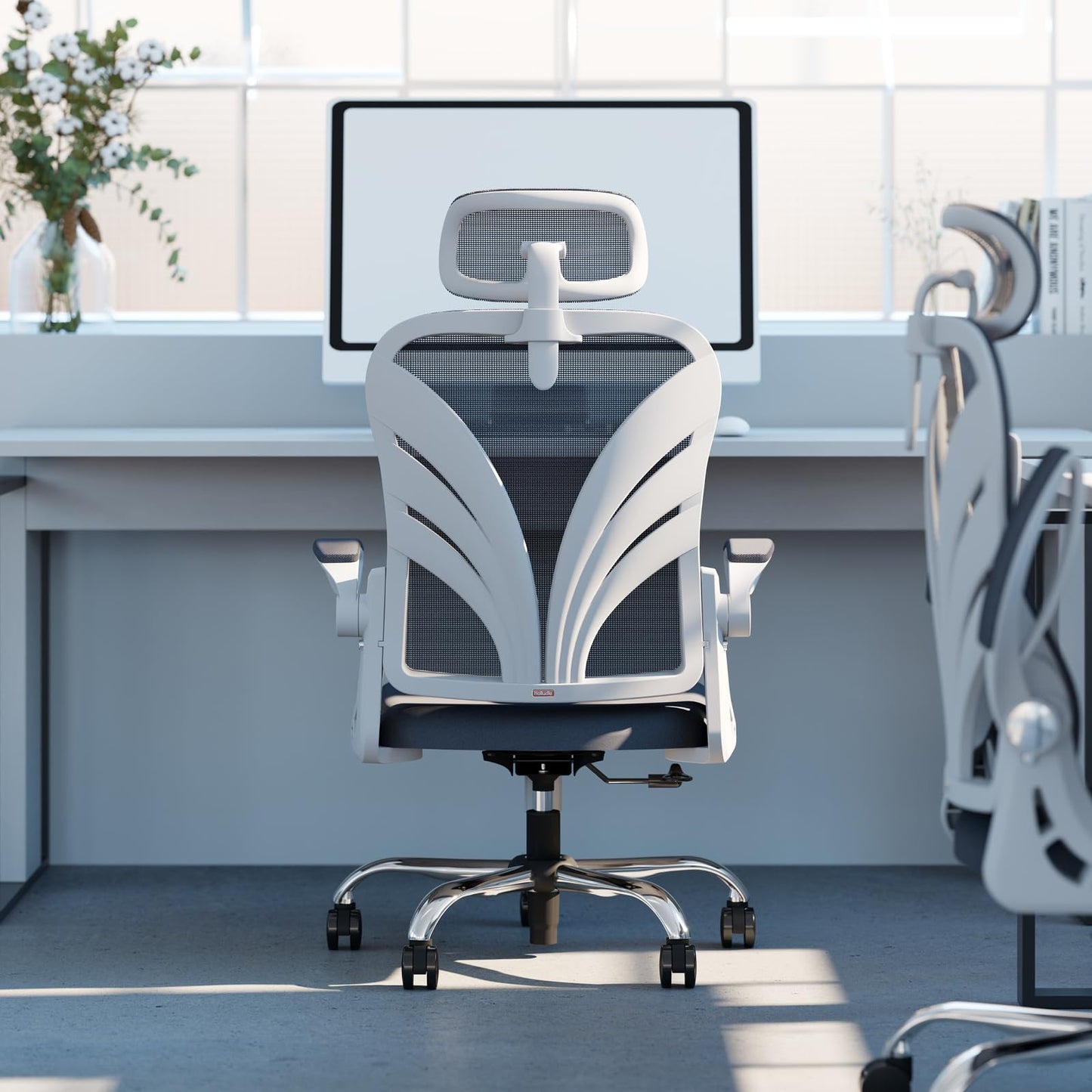 HOLLUDLE Office Chair with Folding Backrest, Ergonomic Computer Chair with 2D Headrest, Folding Armrests and Mesh Lumbar Support Office Seat, White