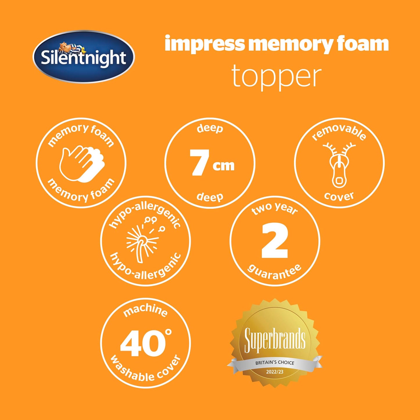 Silentnight Impress Memory Foam Mattress Topper - 7cm Deep Luxury Orthopaedic Pressure Relief Hypoallergenic Bed Topper for Back & Neck Pain - Elasticated Straps & Machine Washable Cover, Super King
