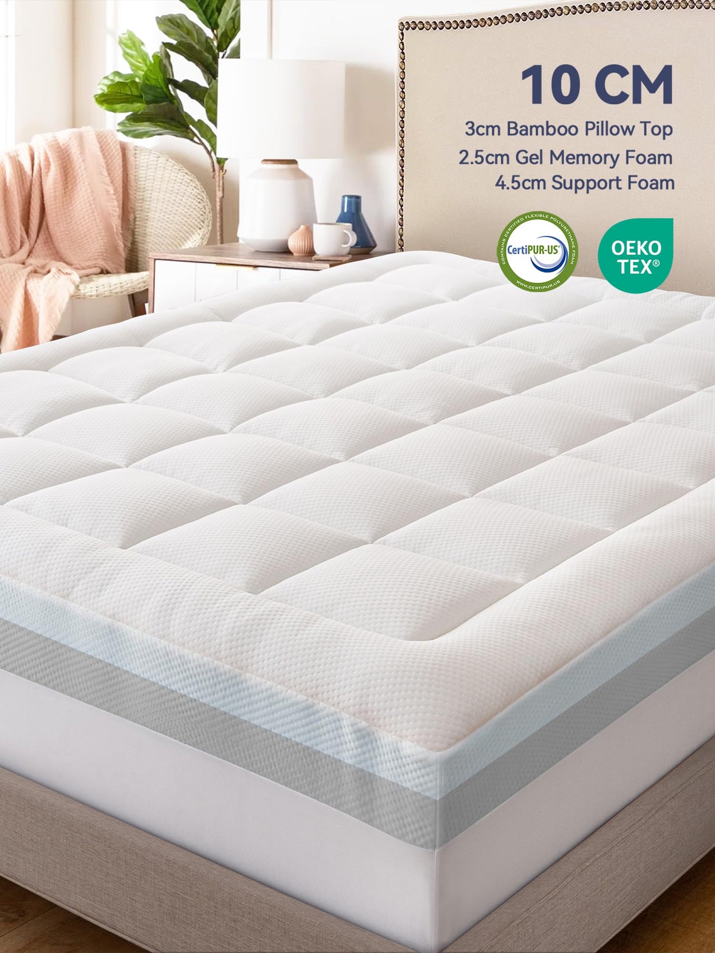 ELEMUSE Dual-layer Memory Foam Mattress Topper with Bamboo Pillow Top Cover for Back Pain Relief, with OEKO-TEX & CertiPUR-US (King 150x200cm,10cm)