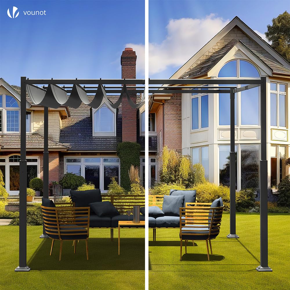 VOUNOT 3x3m Metal Pergola with Retractable Canopy – Garden Gazebo with Sun Shade for Patio & Outdoor Use, Dary Grey