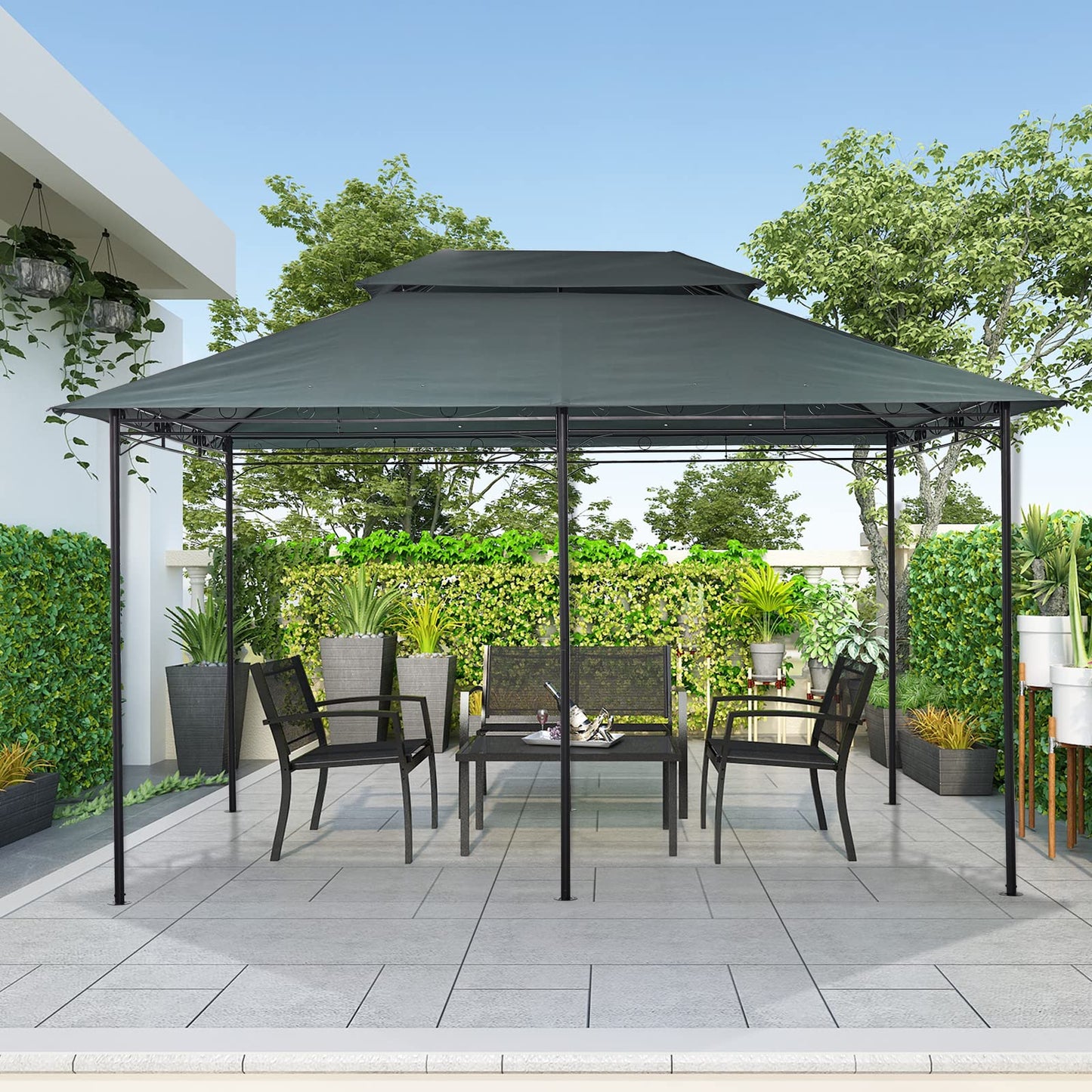 Mondeer Garden Gazebo 3x4m, Heavy Duty Patio Pavilion with Double Tier Roof and Curtains Sidewalls, Metal Frame, Luxury Modern Style, Grey