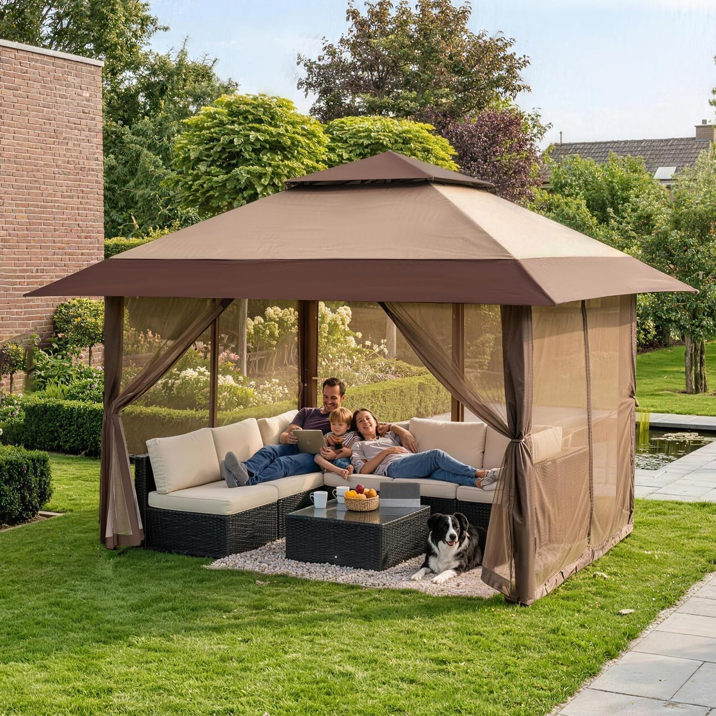 CROWN SHADES 4m x 4m Pop Up Gazebo, Double Roof Pop Up Party Tent Canopy with Zipped Mesh Sides, Height-Adjustable Garden Shelter for Patio & Outdoor Events, Includes Carry Bag