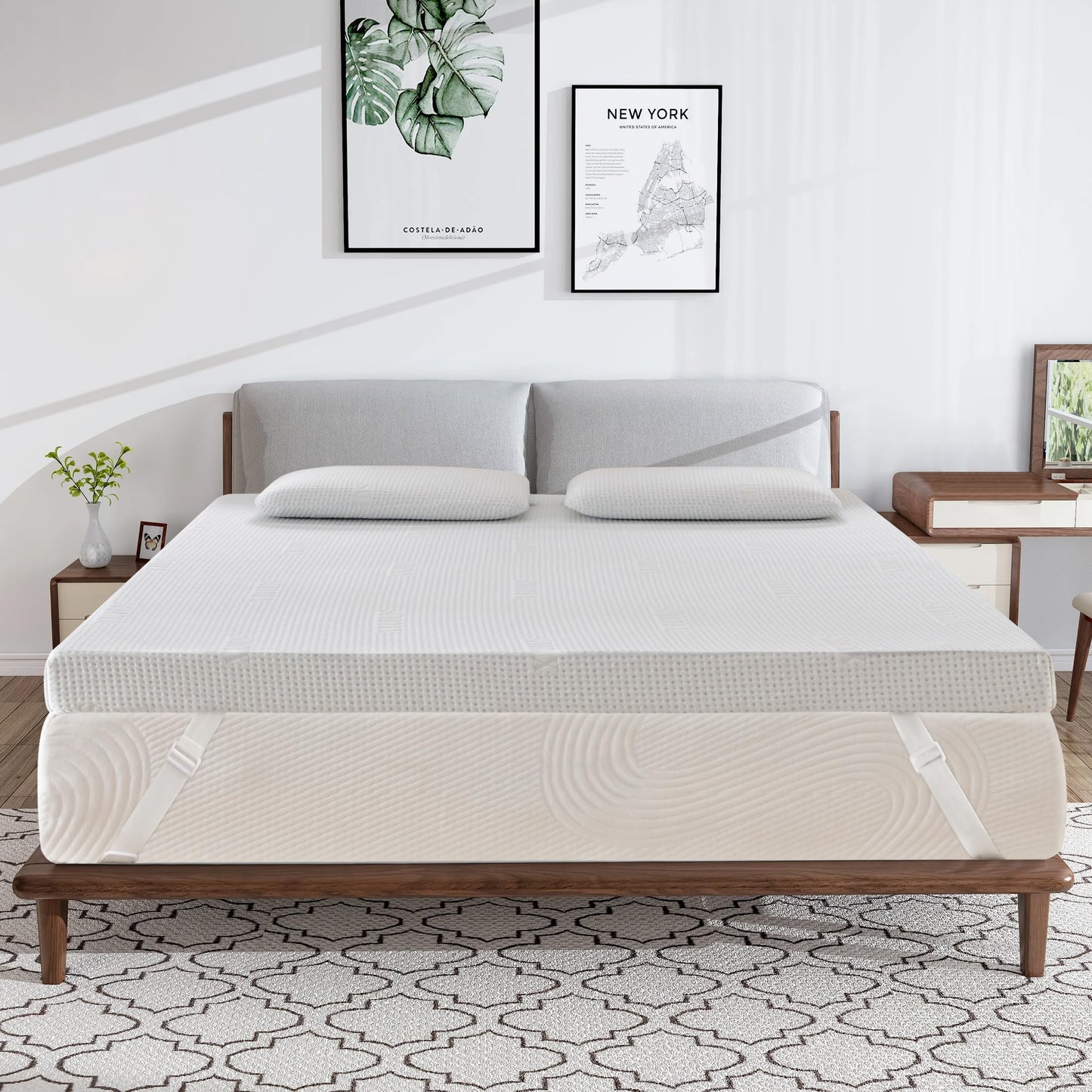 CHUN YI 3 inch Thick Double Memory Foam Mattress Topper With Anti-Slip Ventilated Hypoallergic Bamboo Cover, Soft Flexible Memory Foam Design For Pressure Relieving(7.5cm,135x190cm),White