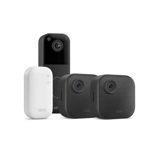 Blink Outdoor 4 Camera + £0 Blink Video Doorbell (Black)| Wireless HD smart security camera, two-year battery life, enhanced motion detection| 2 camera system with Sync Module Core incl.| IP65
