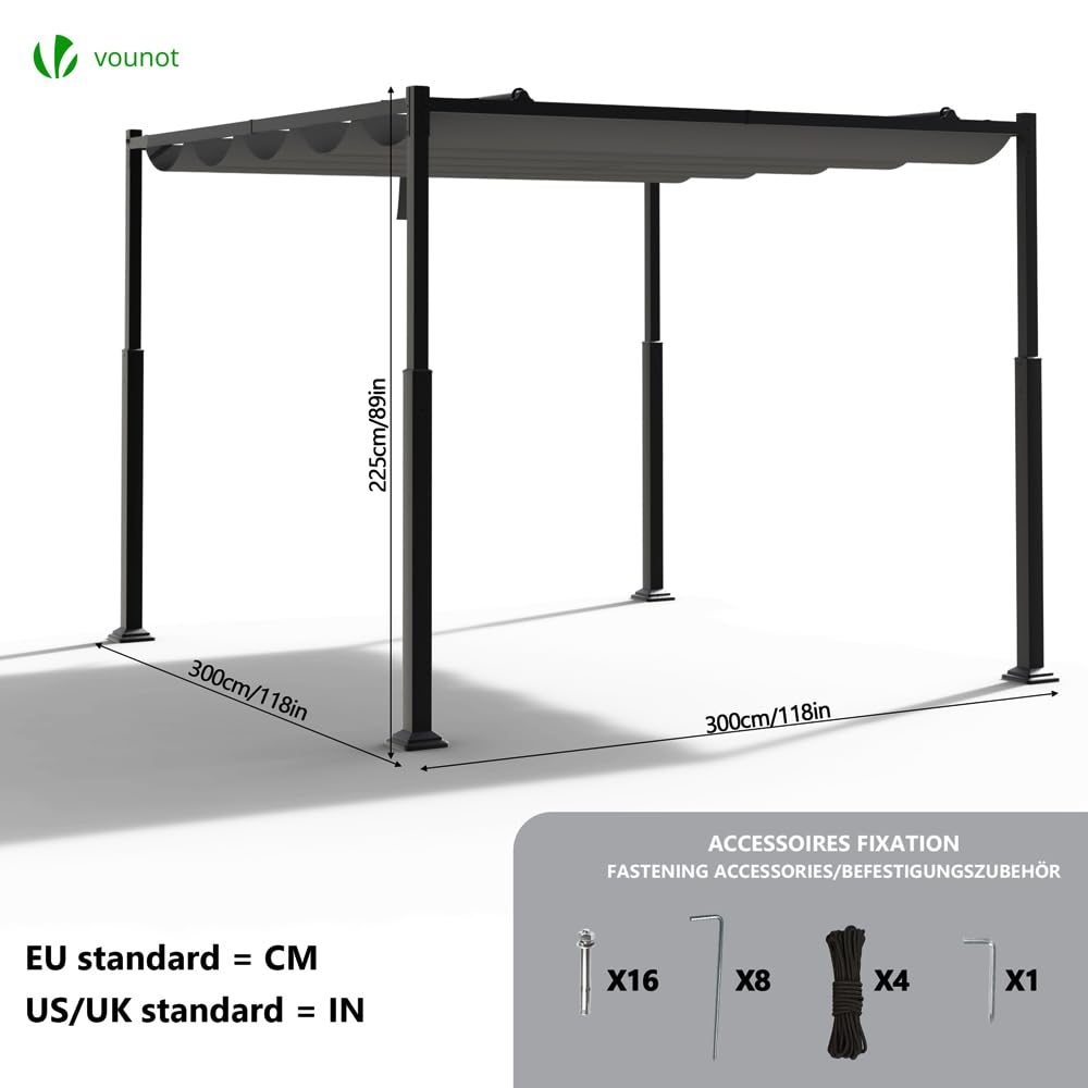 VOUNOT 3x3m Metal Pergola with Retractable Canopy – Garden Gazebo with Sun Shade for Patio & Outdoor Use, Dary Grey