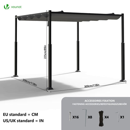 VOUNOT 3x3m Metal Pergola with Retractable Canopy – Garden Gazebo with Sun Shade for Patio & Outdoor Use, Dary Grey