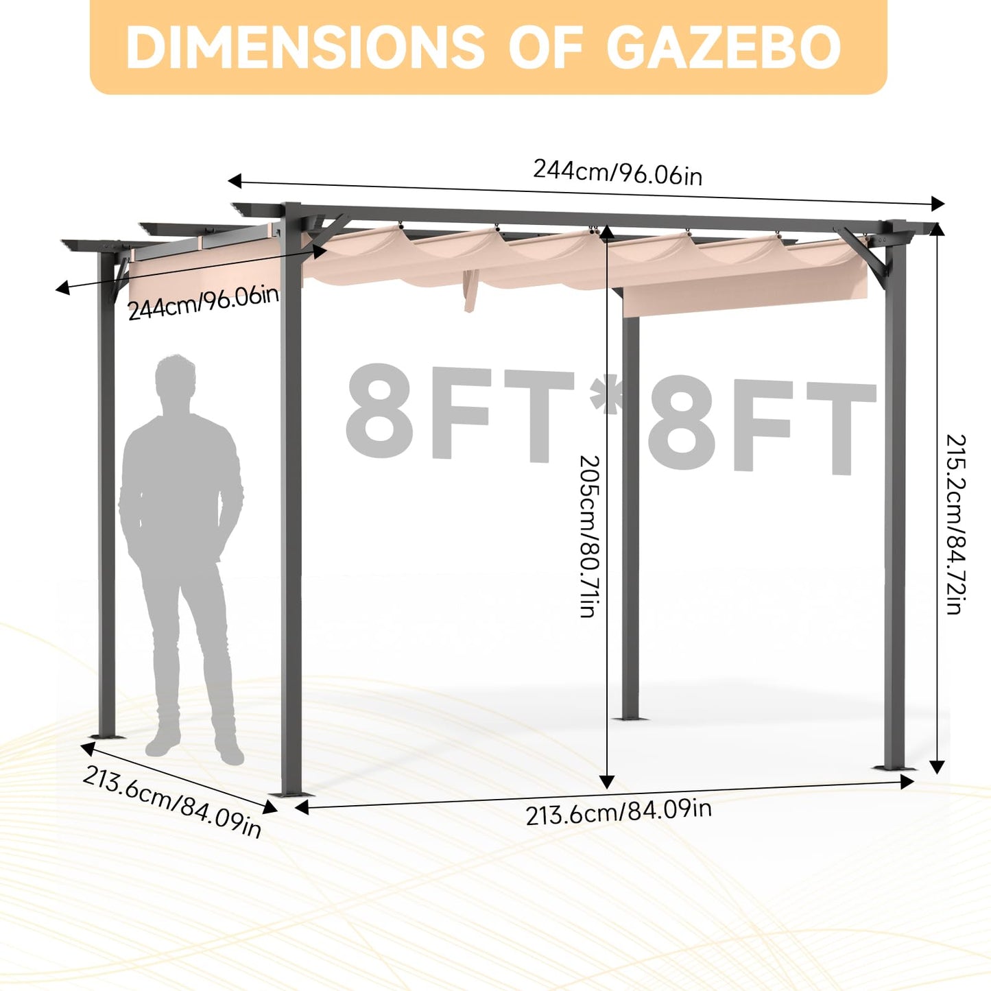 Gazebo, bigzzia Metal Pergola With Retractable Roof,Outdoor Parasol Features Water-Resistant And SPF 15 With PU Coated Canopy,Sun Shade For Garden Party Barbecue Event (Off-white, 244cmx244cm)