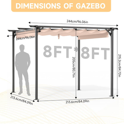 Gazebo, bigzzia Metal Pergola With Retractable Roof,Outdoor Parasol Features Water-Resistant And SPF 15 With PU Coated Canopy,Sun Shade For Garden Party Barbecue Event (Off-white, 244cmx244cm)