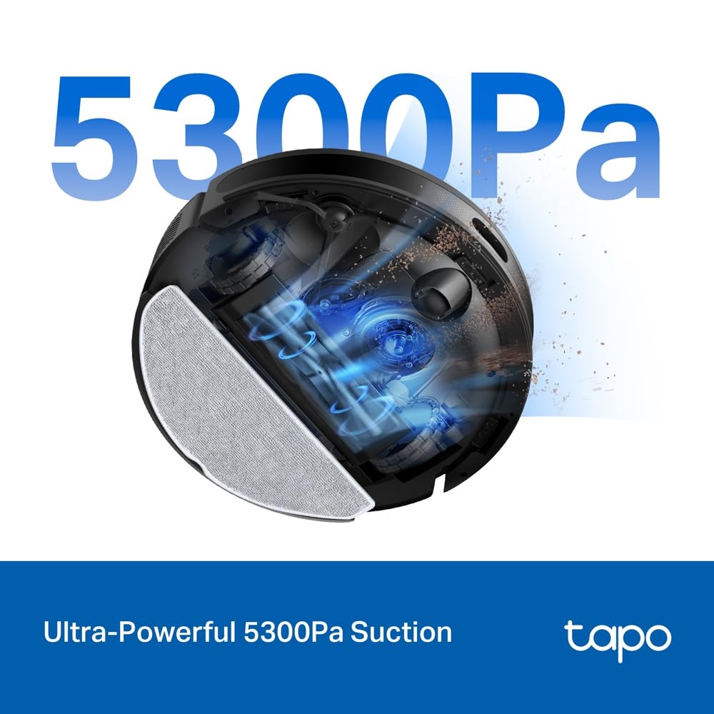 Tapo RV20 Max Plus 5300Pa Suction Robot Vacuum Cleaner with Mop, Ultra-Slim Design, Faster Mapping With MagSlim & LiDAR Navigation Robot Vacuum, Auto-Empty Dock, Voice/Remote Control Robotic Vacuums