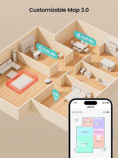 Lefant M2 Robot Vacuum Cleaner with Mop Room Mapping, 6000Pa, dToF Laser Navigation, 140 Minute, 2.4G/5G Wi-Fi/App/Alexa, Customizable Cleaning, Ideal for Carpets, Hard Floors and Many Furnished Homes