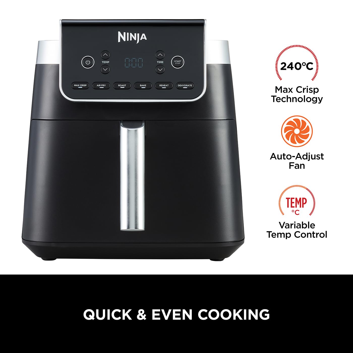Ninja Air Fryer MAX PRO, 6.2L, Uses No Oil, Large Square Single Drawer, Roast, Bake, Air Fry, Family Size, Digital, Cook From Frozen, Non-Stick, Dishwasher Safe Basket & Crisper Plate, Grey, AF180UK