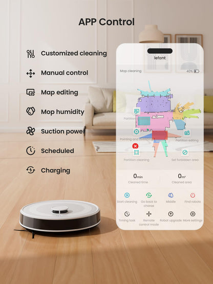 Lefant M2 Robot Vacuum Cleaner with Mop Room Mapping, 6000Pa, dToF Laser Navigation, 140 Minute, 2.4G/5G Wi-Fi/App/Alexa, Customizable Cleaning, Ideal for Carpets, Hard Floors and Many Furnished Homes