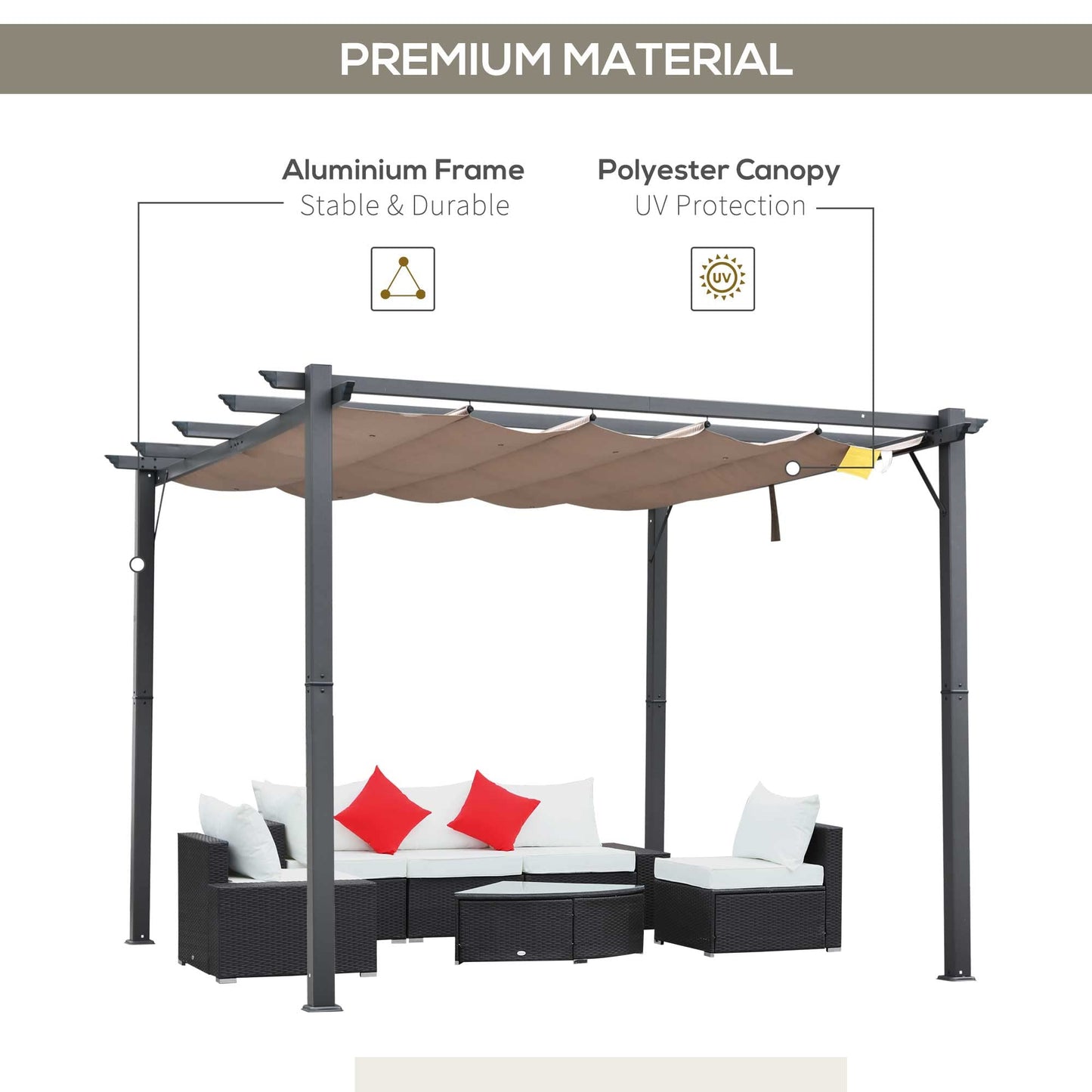 Outsunny 3 x 3(m) Pergola with Retractable Roof Canopy, Aluminium Frame Garden Gazebo Outdoor Sun Shade Shelter for Grill, Patio, Brown