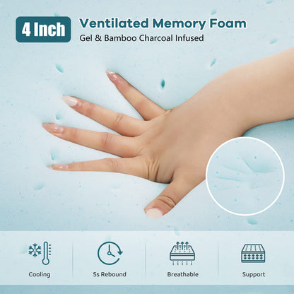 Vesgantti 4 Inch Memory Foam Mattress Topper King Size, Gel & Bamboo Charcoal Infused Bed Topper for Cooling Sleep & Pressure Relieving, with Washable Cover-150 x 200 x 10CM