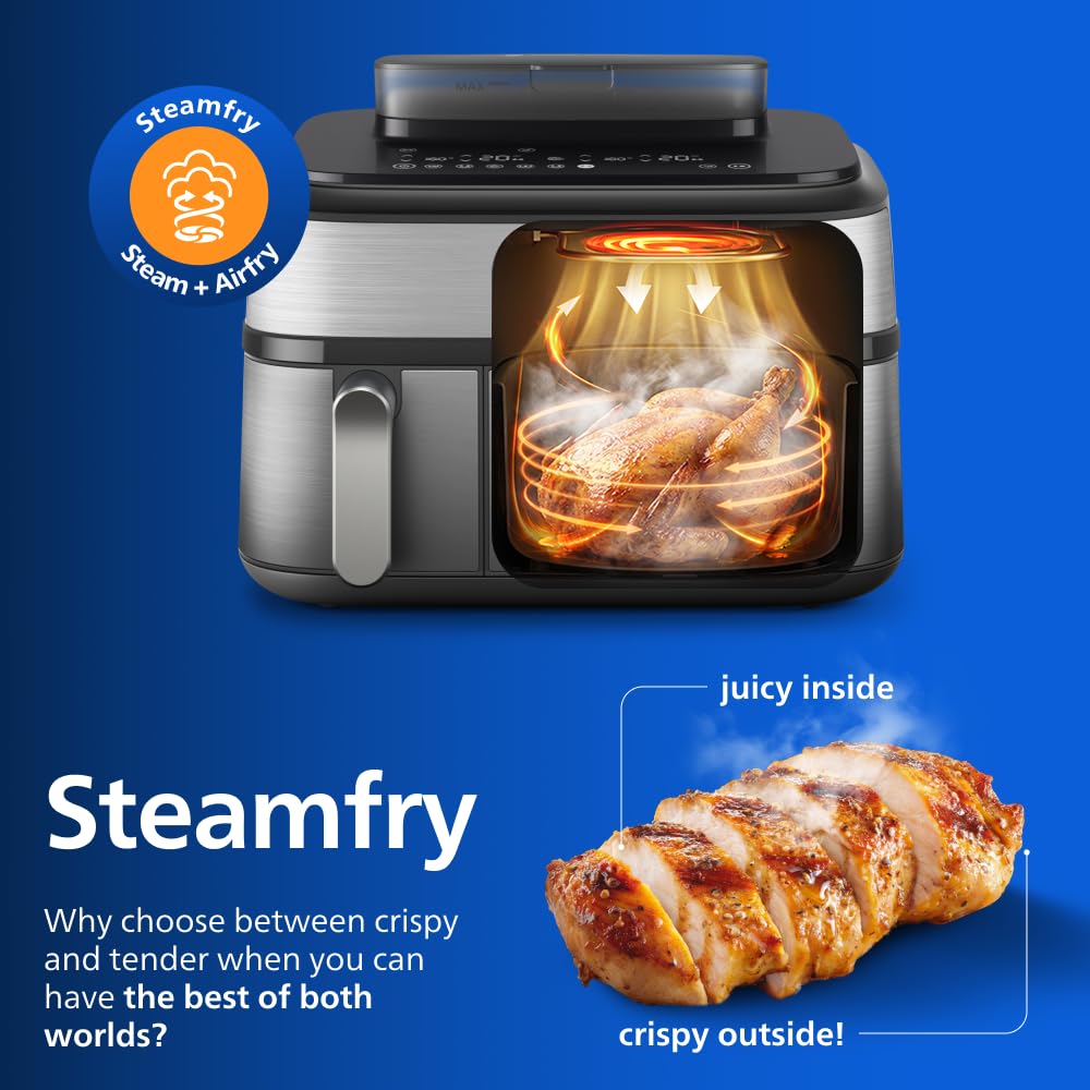 Philips Airfryer 5000 Series Dual Basket with Steam - Unique Steamfry, Steam & Airfry - 19 Ways to Cook; 9L Capacity (3L + 6L), RapidAir Plus Technology, Auto SteamClean (NA555/09)