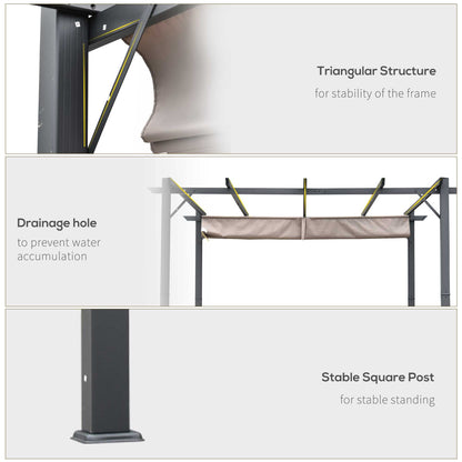 Outsunny 3 x 3(m) Pergola with Retractable Roof Canopy, Aluminium Frame Garden Gazebo Outdoor Sun Shade Shelter for Grill, Patio, Brown