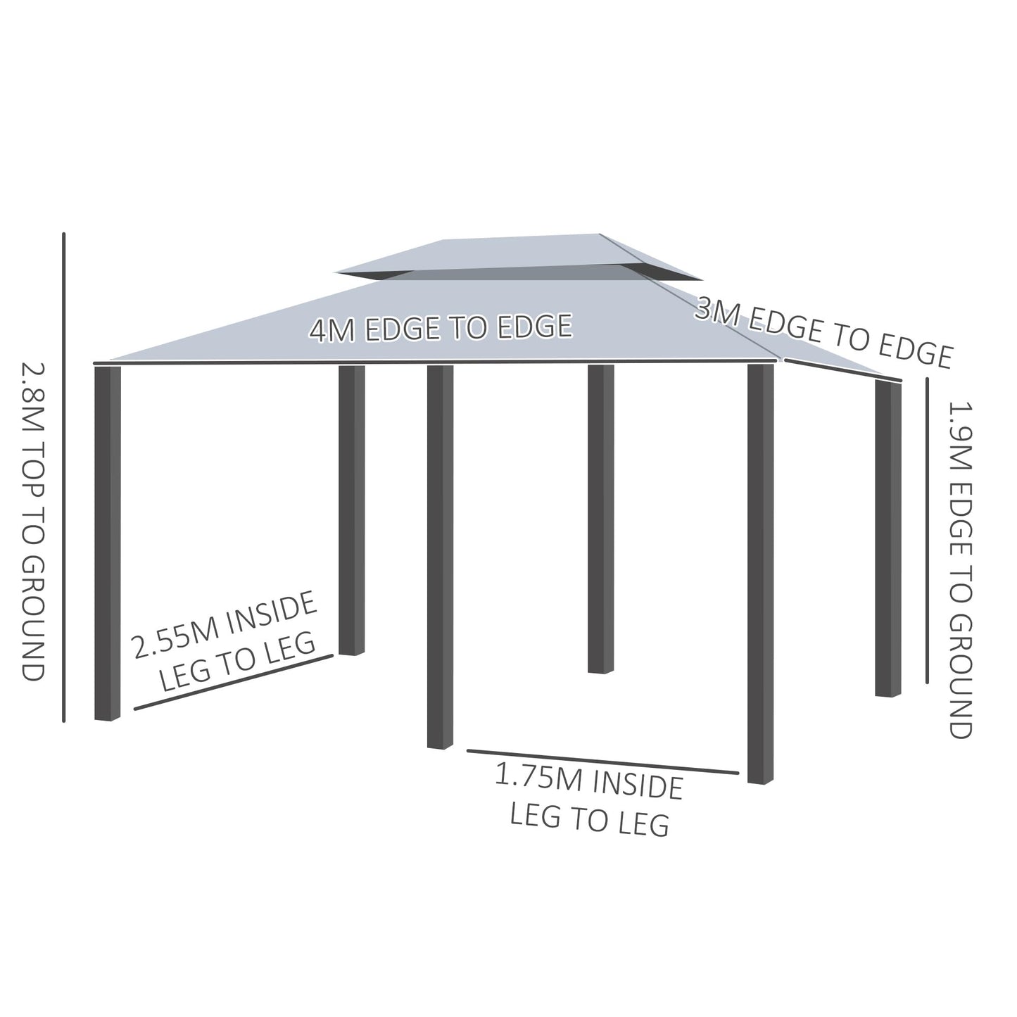 Outsunny 4m x 3(m) Garden Gazebo, Double Roof Outdoor Gazebo Canopy Shelter with Curtains, Solid Steel Frame for Patio, Garden, Grey