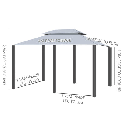 Outsunny 4m x 3(m) Garden Gazebo, Double Roof Outdoor Gazebo Canopy Shelter with Curtains, Solid Steel Frame for Patio, Garden, Grey