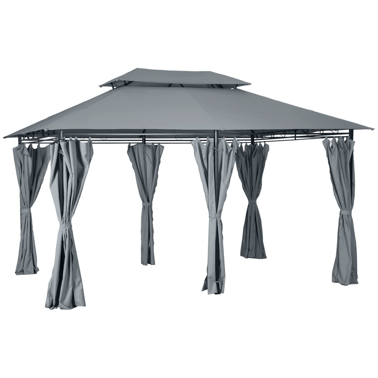 Outsunny 4m x 3(m) Garden Gazebo, Double Roof Outdoor Gazebo Canopy Shelter with Curtains, Solid Steel Frame for Patio, Garden, Grey