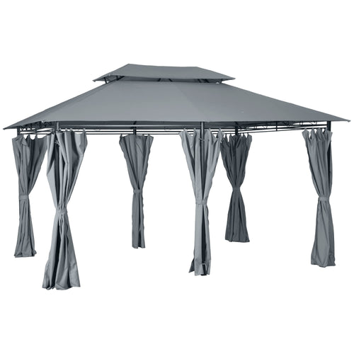 Outsunny 4m x 3(m) Garden Gazebo, Double Roof Outdoor Gazebo Canopy Shelter with Curtains, Solid Steel Frame for Patio, Garden, Grey