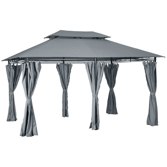 Outsunny 4m x 3(m) Garden Gazebo, Double Roof Outdoor Gazebo Canopy Shelter with Curtains, Solid Steel Frame for Patio, Garden, Grey