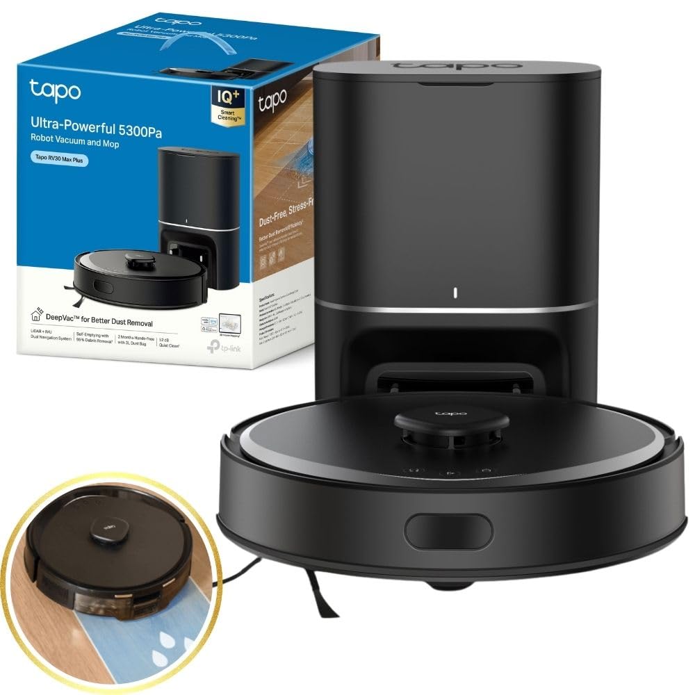 Tapo RV30 Max Plus 5300Pa Robot Vacuum Cleaner with Mop, LiDAR+IMU Dual Navigation, 5300Pa Hyper Suction, Auto-Empty, Robot Hoover, Auto-Charging Robotic Vacuums, Alexa & Google