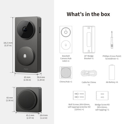 Aqara Smart Doorbell Camera G410 with Chime, 2K, HomeKit Secure Video, 2-Way Audio, Built-in Matter Hub, Wireless/Wired, Supports Apple Home, Alexa, Google, Home Assistant, 2.4G/5GHz Wi-Fi, Grey