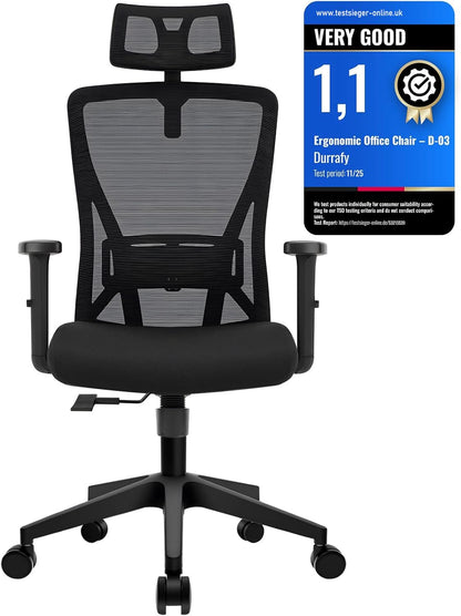 Durrafy Ergonomic Office Chair, Desk Chair with Adjustable Lumbar Headrest and Armrest, Office Chairs Support up to 150 kg, Breathable and Comfortable Mesh Swivel Chair for Home/Office, Black