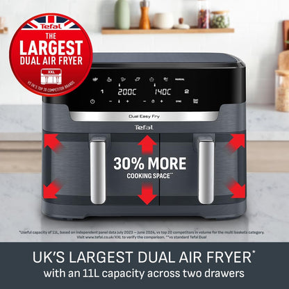 Tefal XXL Fryer 11 L, Double Drawer Oil-free, Very Crunchy, Frying, Baking, Heating, Drying, 7 Preset Programs, Washable