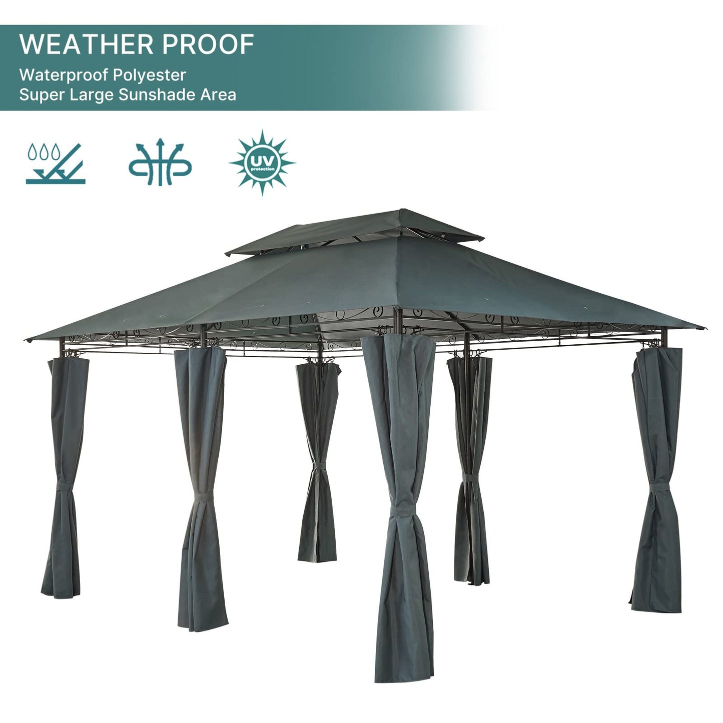 Mondeer Garden Gazebo 3x4m, Heavy Duty Patio Pavilion with Double Tier Roof and Curtains Sidewalls, Metal Frame, Luxury Modern Style, Grey
