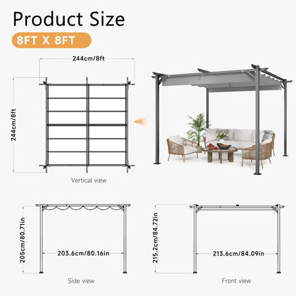 Gazebo, bigzzia Metal Pergola With Retractable Roof,Outdoor Parasol Features Water-Resistant And SPF 15 With PU Coated Canopy,Sun Shade For Garden Party Barbecue Event (Grey, 2.44x2.44M)