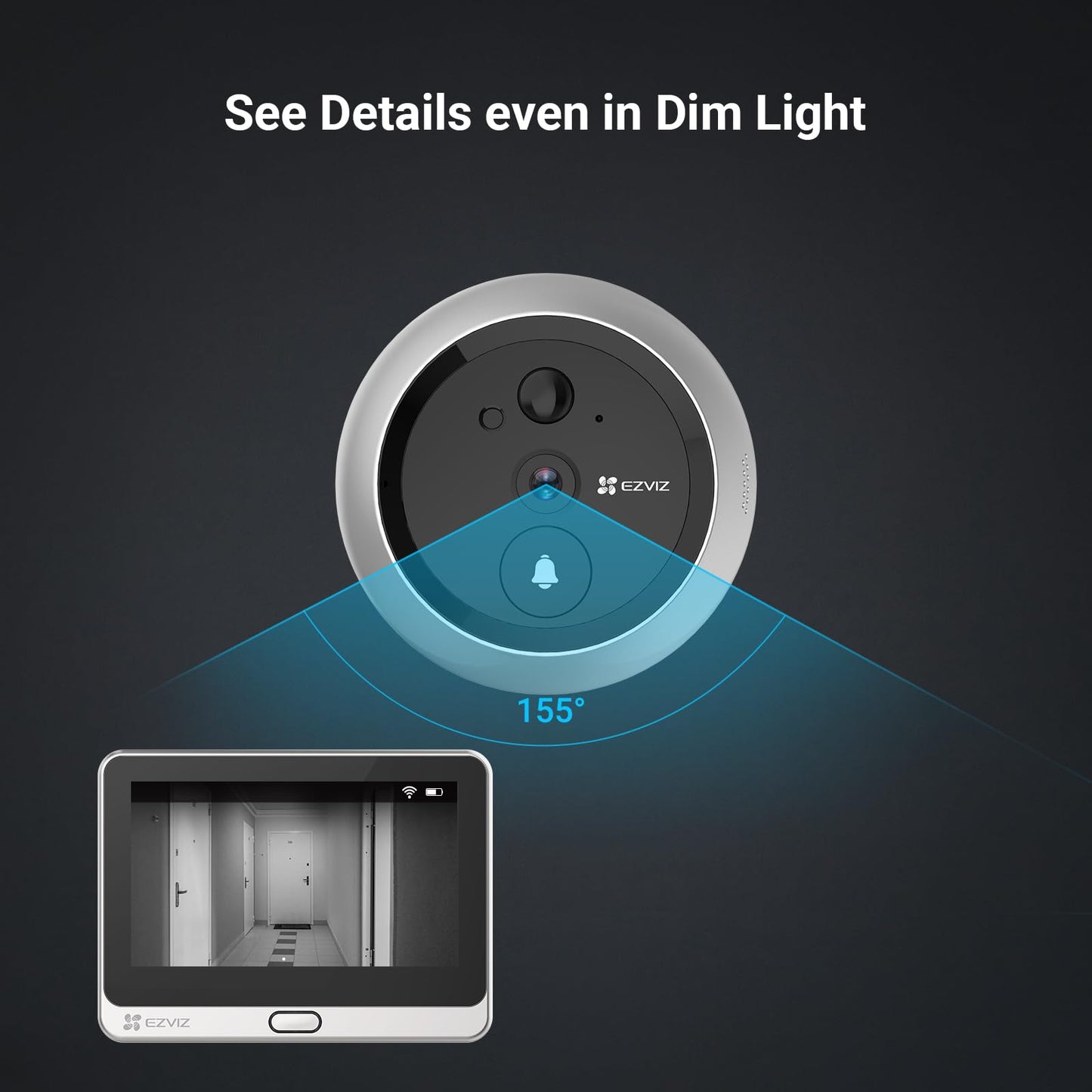 EZVIZ WiFi Doorbell with 4600 mAh Battery, 4.3 Inch Colour Screen, 155° Wide Angle and PIR Sensor, 2MP Door Viewer Camera with Wireless Monitor, Two-Way Audio and Live View Available, DP2C