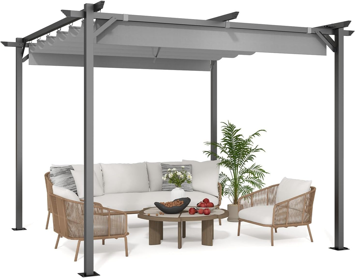 Gazebo, bigzzia Metal Pergola With Retractable Roof,Outdoor Parasol Features Water-Resistant And SPF 15 With PU Coated Canopy,Sun Shade For Garden Party Barbecue Event (Grey, 2.44x2.44M)