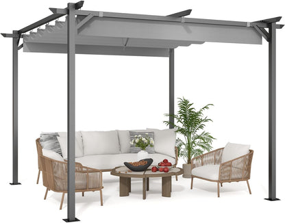Gazebo, bigzzia Metal Pergola With Retractable Roof,Outdoor Parasol Features Water-Resistant And SPF 15 With PU Coated Canopy,Sun Shade For Garden Party Barbecue Event (Grey, 2.44x2.44M)