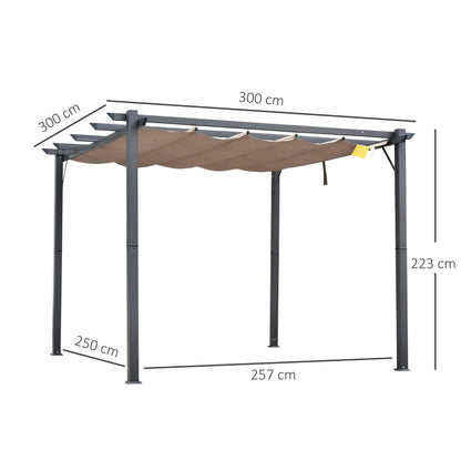 Outsunny 3 x 3(m) Pergola with Retractable Roof Canopy, Aluminium Frame Garden Gazebo Outdoor Sun Shade Shelter for Grill, Patio, Brown