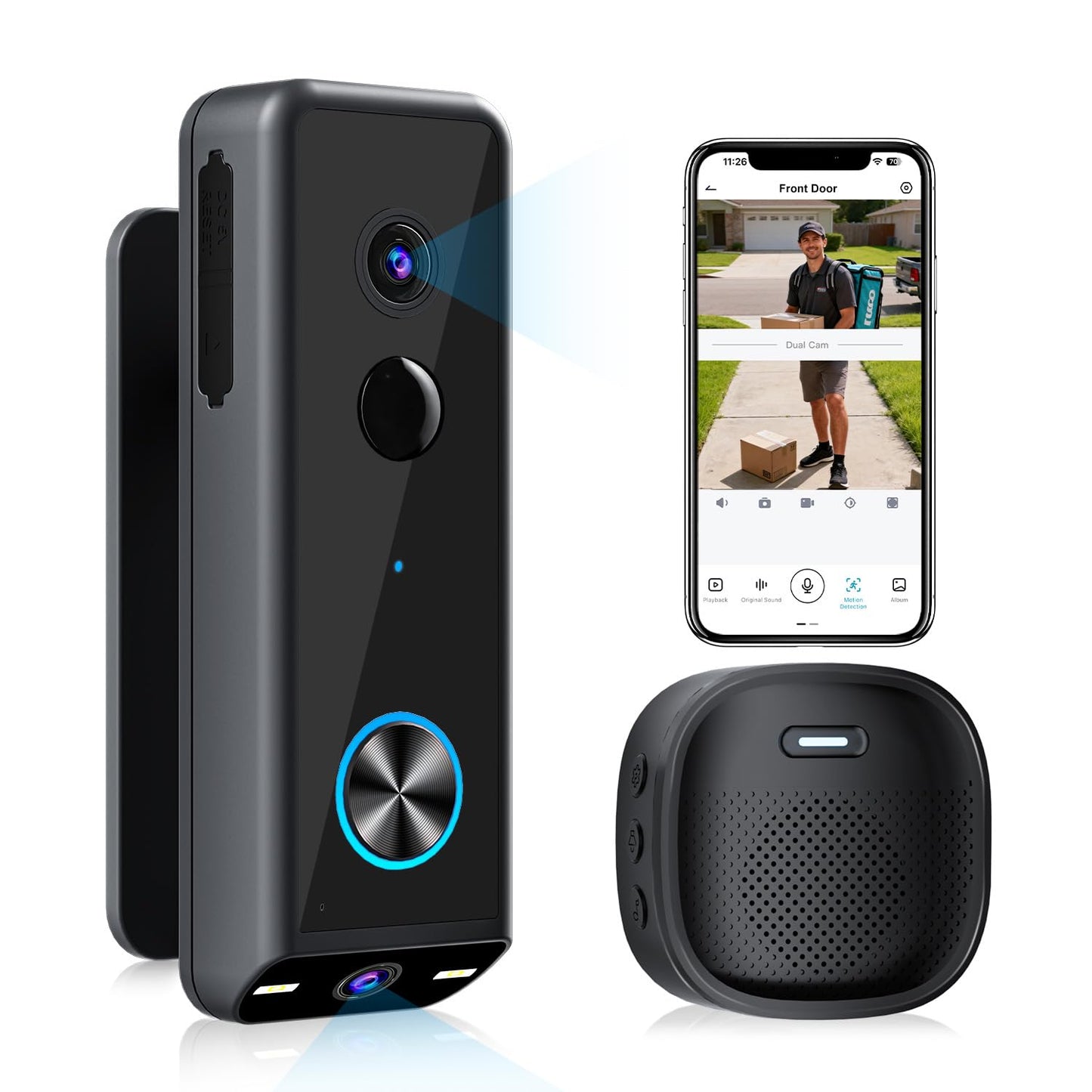 Video Doorbell Wireless Dual Camera with 2K HD Security Door Bells Cameras, Motion Detection, Wired or Battery Powered, Night Vision, 2-Way Audio, SD Card&Cloud Storage, 2.4G WiFi,Works with Alexa