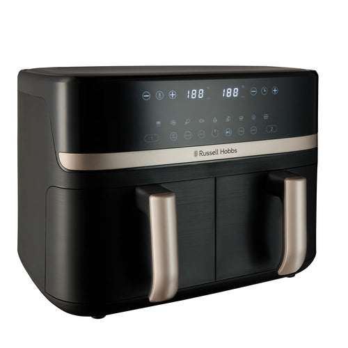 Russell Hobbs Dual Air Fryer 9L Rapid Airfryer [Dual Basket/Zone, Low-Noise, 9 Programs] satisfry (Dishwasher safe drawers, Max 200℃, Oil Free Cooking, Roast, Bake, Grill, Keep warm) 27680
