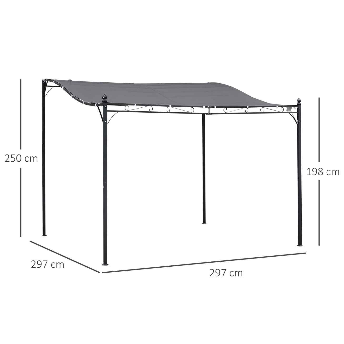 Outsunny 3 x 3(m) Pergola Gazebo Metal Frame Elegant Scrolling Weather-Resistant Canopy Sun Rain Shade Garden Outdoor Shelter, Grey