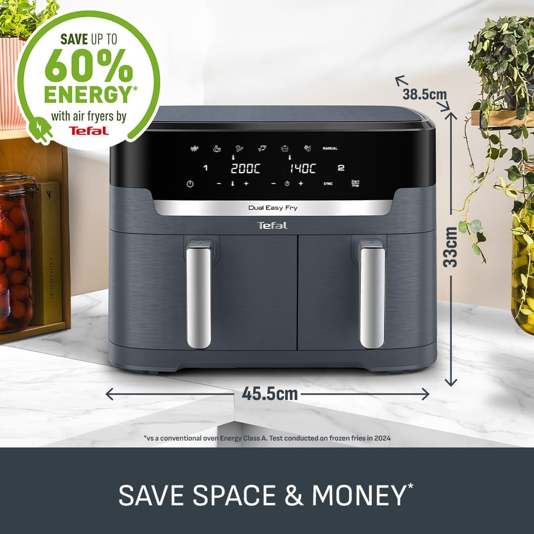 Tefal XXL Fryer 11 L, Double Drawer Oil-free, Very Crunchy, Frying, Baking, Heating, Drying, 7 Preset Programs, Washable