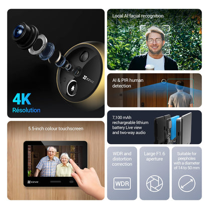 EZVIZ 4K AI Smart Peephole Camera Wireless Door Viewer, Facial Recognition Human Detection, 155° Wide View WDR, Two-Way Talk Weatherproof, 512G Storage No Monthly Fee, Easy Install 14–50mm Doors (EP4)