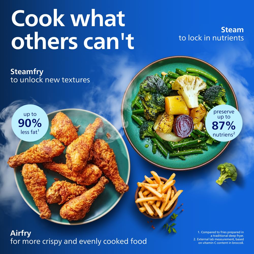 Philips Airfryer 5000 Series Dual Basket with Steam - Unique Steamfry, Steam & Airfry - 19 Ways to Cook; 9L Capacity (3L + 6L), RapidAir Plus Technology, Auto SteamClean (NA555/09)
