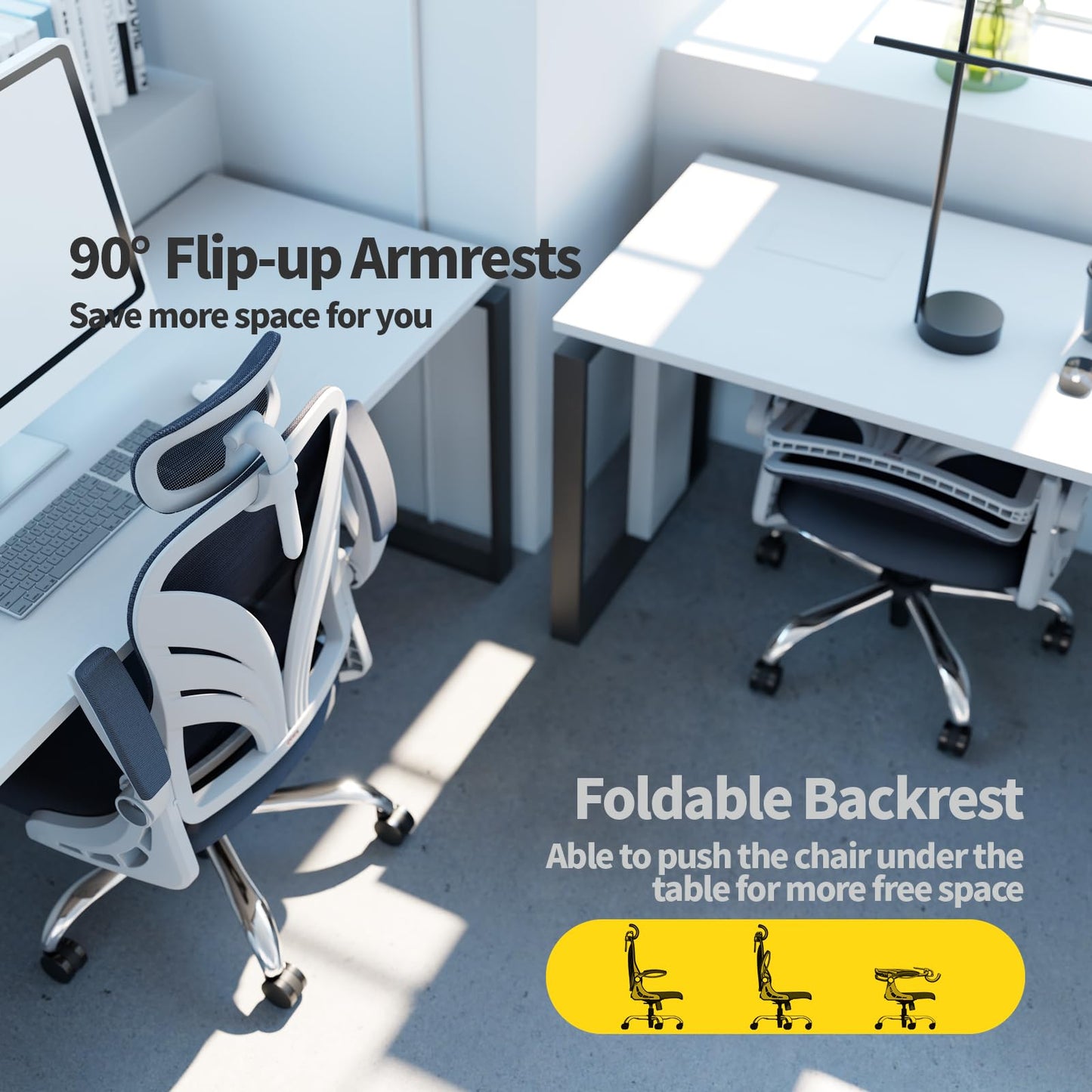 HOLLUDLE Office Chair with Folding Backrest, Ergonomic Computer Chair with 2D Headrest, Folding Armrests and Mesh Lumbar Support Office Seat, White