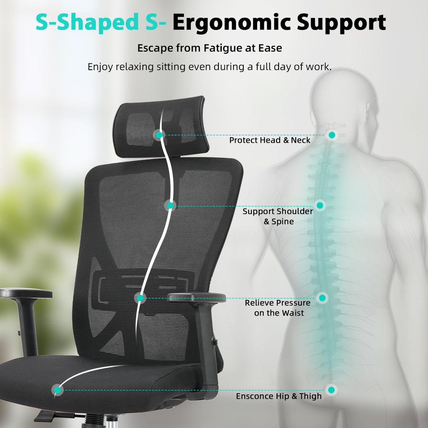 Durrafy Ergonomic Office Chair, Desk Chair with Adjustable Lumbar Headrest and Armrest, Office Chairs Support up to 150 kg, Breathable and Comfortable Mesh Swivel Chair for Home/Office, Black