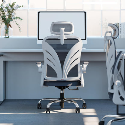 HOLLUDLE Office Chair with Folding Backrest, Ergonomic Computer Chair with 2D Headrest, Folding Armrests and Mesh Lumbar Support Office Seat, White