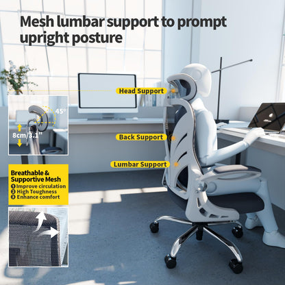 HOLLUDLE Office Chair with Folding Backrest, Ergonomic Computer Chair with 2D Headrest, Folding Armrests and Mesh Lumbar Support Office Seat, White