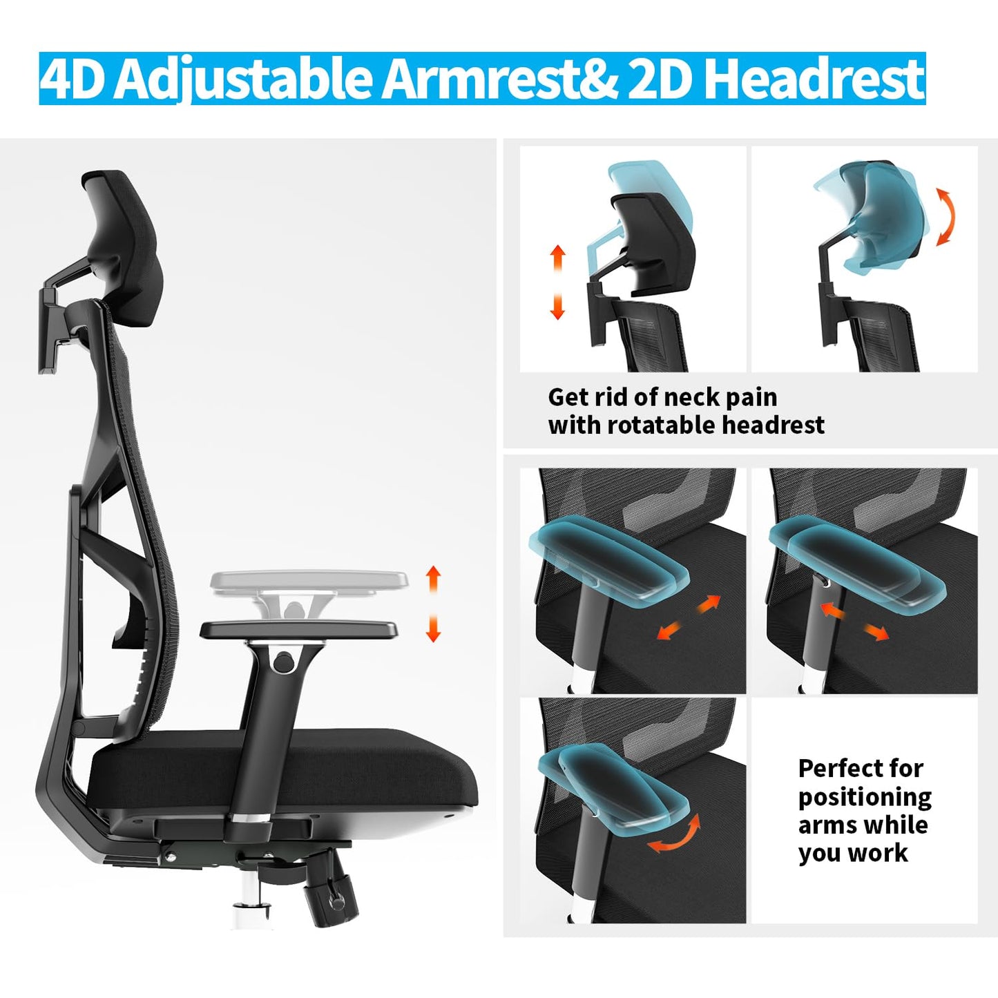 HOLLUDLE Ergonomic Office Chair with Adaptive Backrest, High Back Computer Desk Chair with 4D Armrests, Adjustable Seat Depth, Lumbar Support and 2D Headrest, Swivel Task Chair, Black