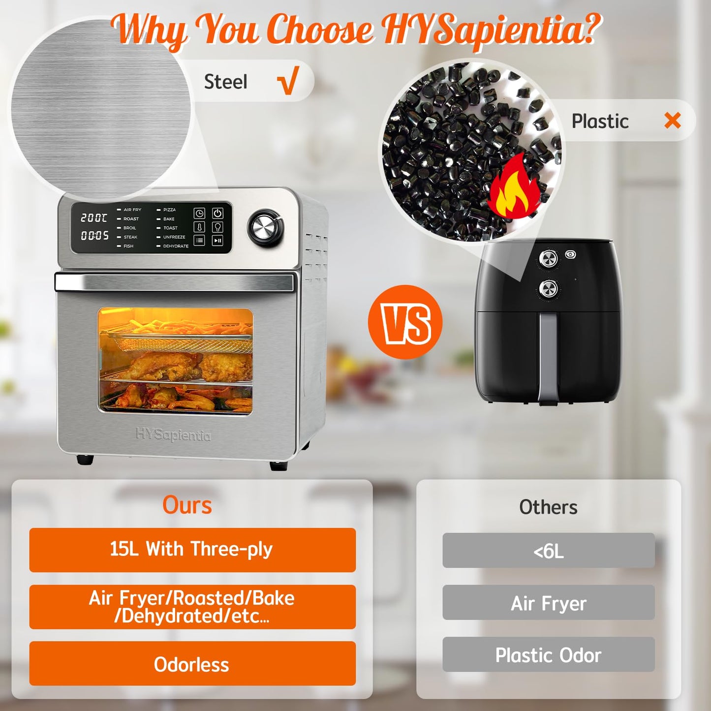 HYSapientia® 15L Large Air Fryer Oven For Family Digital Knob 1700W 10 in 1 Airfryer Toaster Air Convection Mini Oven electric and grill,Fast Cooking,Cookbook