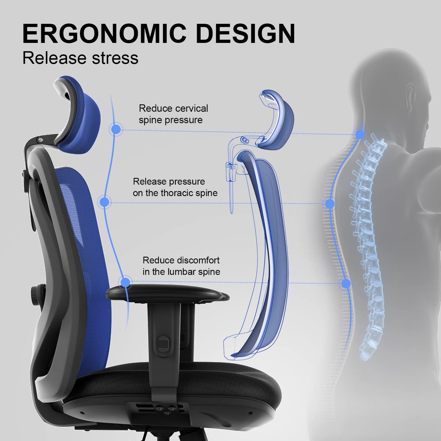 SIHOO M18 Office Chair Ergonomic Desk Chair, Breathable Mesh Design High Back Computer Chair, Adjustable Headrest and Lumbar Support, Upgraded to Rollerblade Wheels (Black)